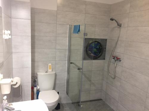 y baño con ducha y aseo. en Apartament Jula 1 en Pogorzelica
