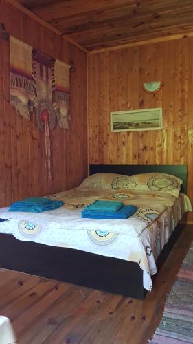 a bedroom with a bed in a wooden cabin at Lion Cottage in Chuprene