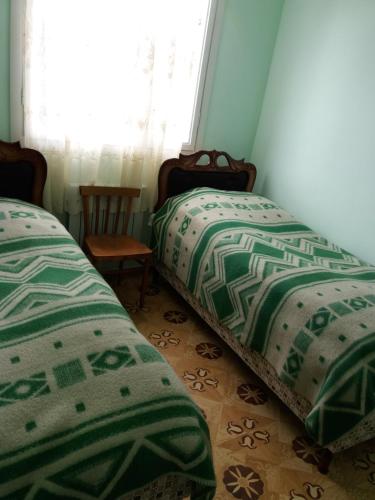 two twin beds in a room with a window at Aida Bed & Breakfast in Tatʼev