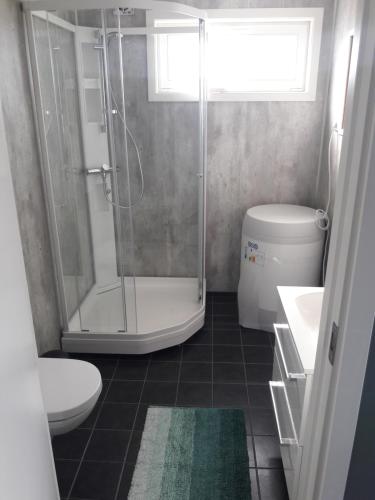 a bathroom with a shower and a toilet and a sink at Lofoten view in Kabelvåg