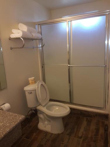 W łazience znajduje się toaleta i przeszklony prysznic. w obiekcie Ramada by Wyndham La Verkin Zion National Park w mieście La Verkin