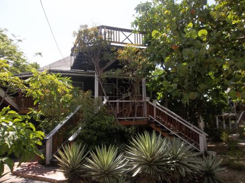 a house with a wooden staircase in a garden at Fosters West Bay Resort in West Bay