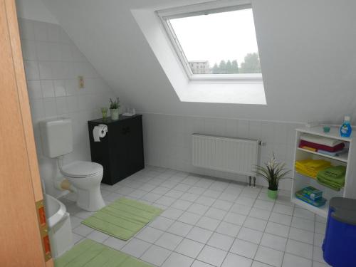 a attic bathroom with a toilet and a window at Gästewohnung Magdeburg in Magdeburg