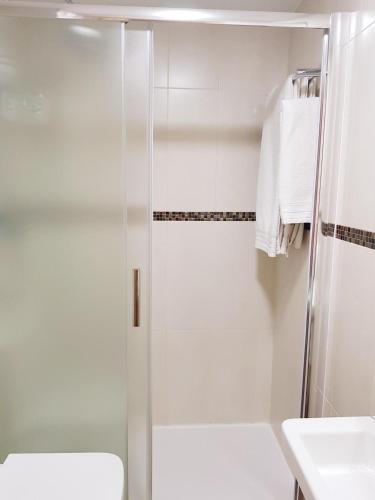 a shower with a glass door in a bathroom at Hostal Puerta Bonita Vista Alegre in Madrid