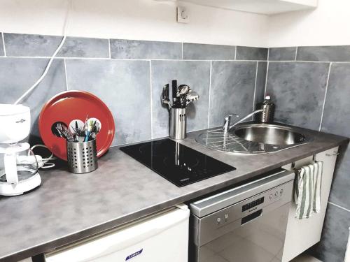 une cuisine avec un évier et un plan de travail dans l'établissement Studio Triangle Arêne Gare Maison Carrée Placette, à Nîmes