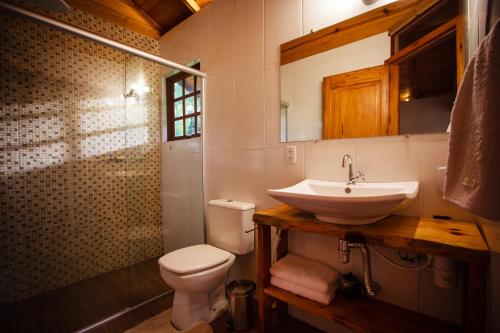 ein Badezimmer mit einem Waschbecken, einem WC und einem Spiegel in der Unterkunft Cabanas Parque Suíço in São Francisco de Paula
