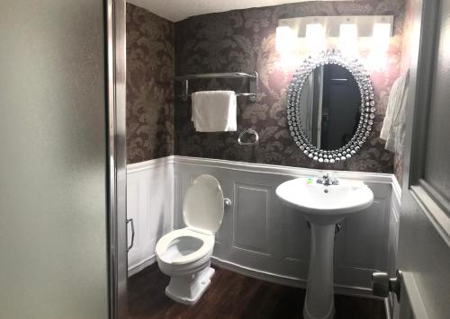 a bathroom with a toilet and a sink and a mirror at The Village Inn Hotel in Milwaukee