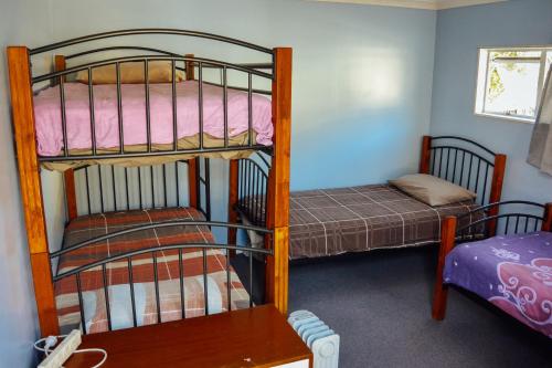 a room with two bunk beds and a table at Blue Moon Lodge in Havelock
