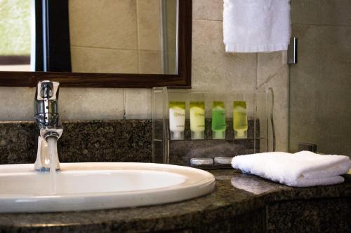 een wastafel in een badkamer met een spiegel en een aantal flessen zeep bij Elysian Resort in Nairobi