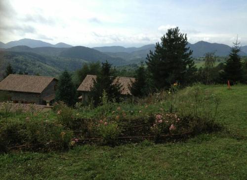 a green field with houses and mountains in the background at Casa Rural Mollo, Vall de Camprodon in Molló