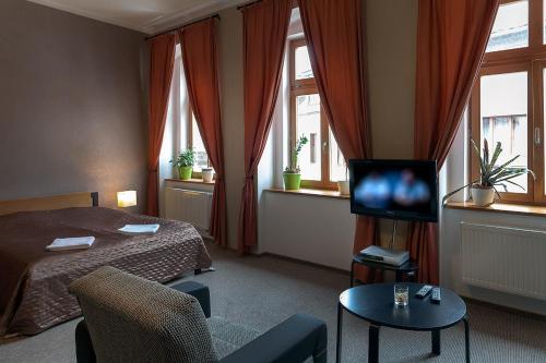 a hotel room with a bed and a television at Hotel Merlot in Louny