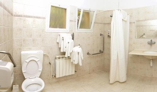 a bathroom with a toilet and a sink and a shower at Serenity in the Mountains in Yirʼon