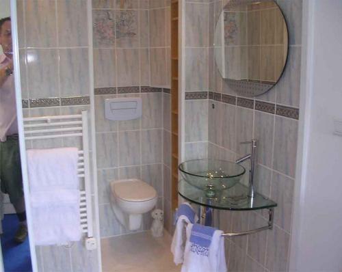 a bathroom with a toilet and a sink and a mirror at Chambre d'hôte Priory-View Dinan in Dinan