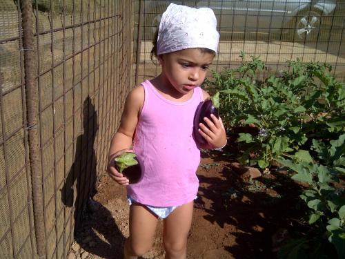 a little girl in a pink shirt holding a vegetable at Kallicrates Village in Frangokastello