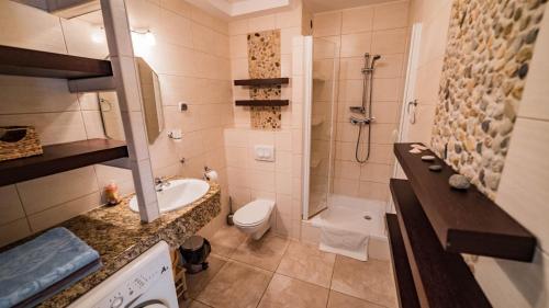 ミエンジズドロイェにあるAna tourのバスルーム(洗面台、トイレ、シャワー付)