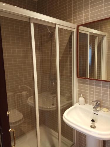 a bathroom with a shower and a sink at Charming Villadarias M. Palace apartment in Antequera