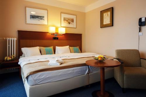 a hotel room with a bed and a table and a chair at Hotel Marttel in Karlovy Vary