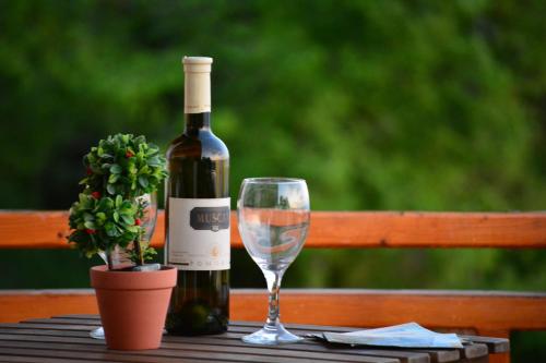 a bottle of wine and a glass on a table at Paradise Nest in Ohrid