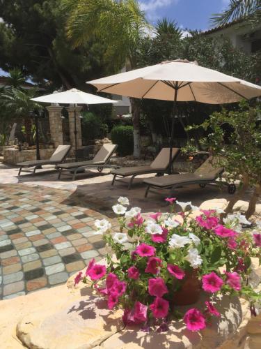 a patio with umbrellas and flowers in a pot at De Michanna in Anarita