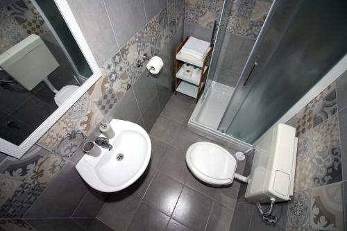uma casa de banho com um lavatório, um WC e um chuveiro em Apartmani Nika em Tisno
