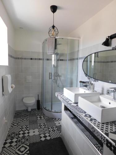 a bathroom with a sink and a shower and a toilet at La Maison Jules Goux in Mirmande
