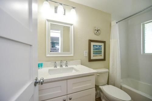 a bathroom with a toilet, sink, mirror and tub at Tropical Breeze Resort in Sarasota