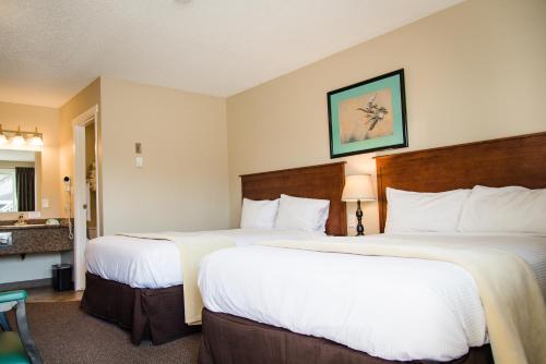 a hotel room with two beds with white sheets at Carmel Inn in Prince George