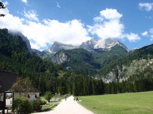 a path through a green field with mountains in the background at Pension INGE in Hinterstoder
