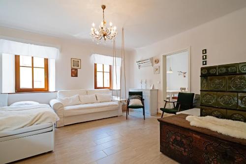 1 dormitorio con 1 cama y sala de estar con lámpara de araña. en Pr`Mružo apartmaji en Bohinj