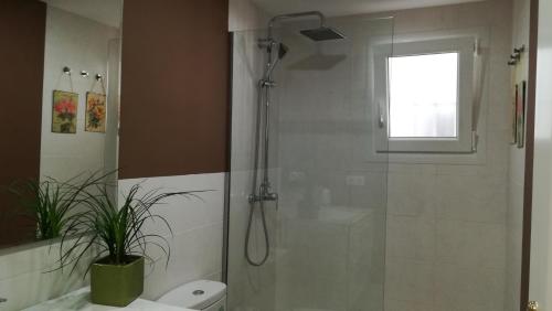 baño con ducha y aseo y ventana en Torneo FREE PARKING luminoso climatizado 7 PAX en Sevilla