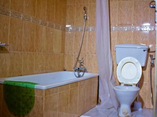 a bathroom with a toilet and a bath tub at Al-Nisaa Hotel and Spa in Jinja