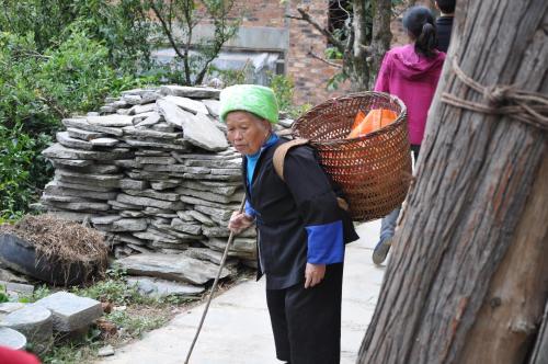 an older woman walking down a sidewalk with a basket of carrots at Longji Holiday Hotel in Longsheng