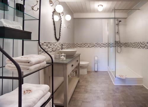 Saint-AndiolにあるMas de la douceurのバスルーム(シャワー、洗面台、トイレ付)