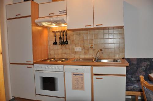 a small kitchen with white cabinets and a sink at Alpenspirit in Sölden