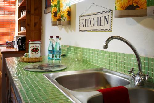 a kitchen counter with a sink and green tiles at The Farmers Cottage Bethulie in Bethulie