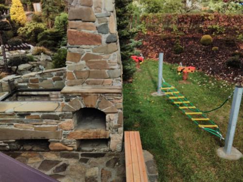 two pictures of a stone oven in a garden at Penzion Réva in Jablunkov