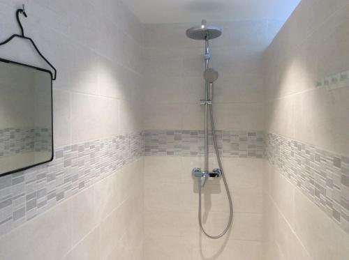 a shower with a shower head in a bathroom at Maison du golf in Nieuwpoort