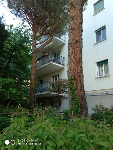 a white building with trees in front of it at Charme&Chic in Trieste