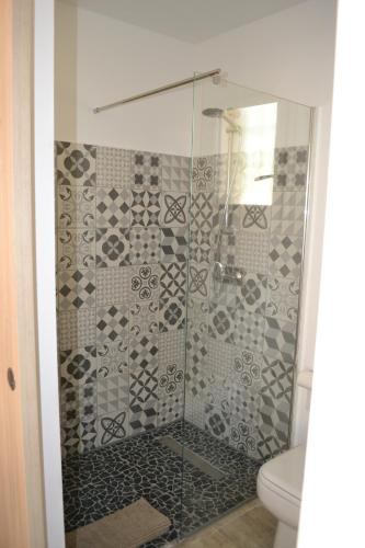 une salle de bain avec une douche en verre et des toilettes dans l'établissement LES SANTOLINES - Studio à la campagne, à Aigaliers