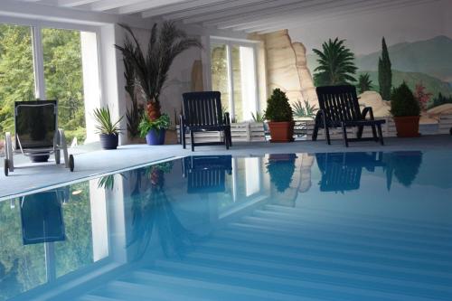 a house with two chairs and a swimming pool at Landhotel Tannenhof in Spiegelau