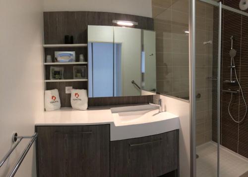 a bathroom with a sink and a shower at Domitys - Le Castel Du Val in Pérignat-lès-Sarliève