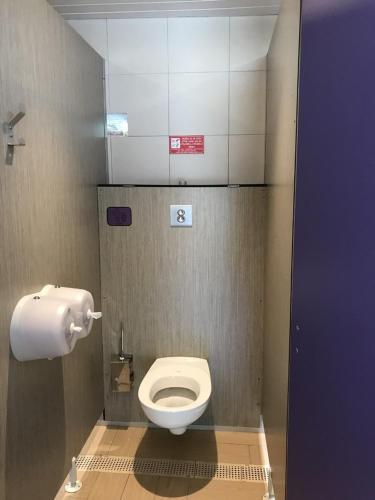 a small bathroom with a toilet in a stall at Camping Frédéric Mistral in Castellane