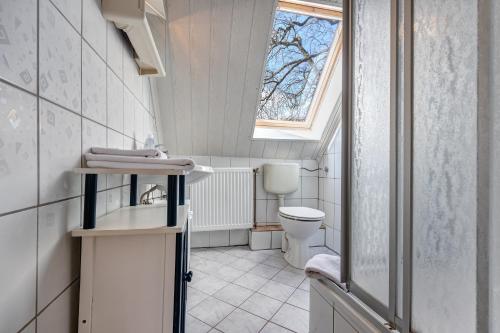 baño con aseo y lavabo y ventana en Ferienwohnung Grams en Lassan