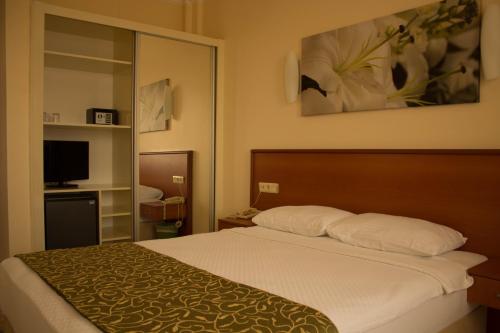a hotel room with a bed and a television at Lord Hotel in Çeşme