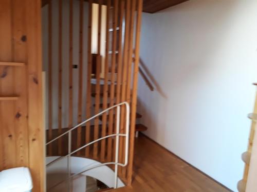 a spiral staircase in a room with wooden walls at Dům v Lednici in Lednice