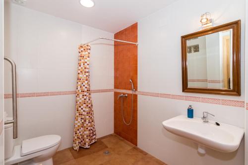 a bathroom with a sink and a toilet and a mirror at Albergue Casa de l'Aigua in Beceite