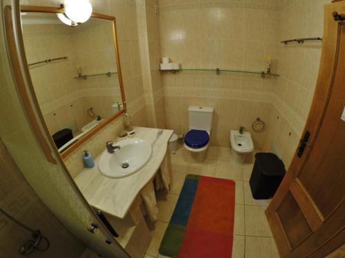 uma casa de banho com um lavatório, um WC e um espelho. em Supertubos Beach Hostel em Peniche