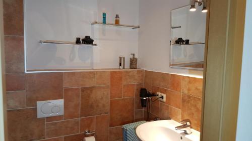 a bathroom with a sink and a mirror at Ferienwohnung am Betzelhübel in Ottweiler