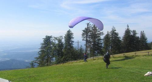 a person flying a kite on top of a hill at Am Siegelbächle -2 mit E-Bikes Vermietung in Siegelau