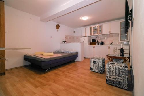 a living room with a bed and a kitchen at Fri Apartment in Piran